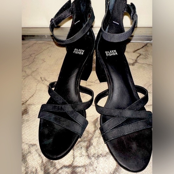 Eileen Fisher women’s noni black leather strappy block heel 8.5 formal party - Picture 1 of 9